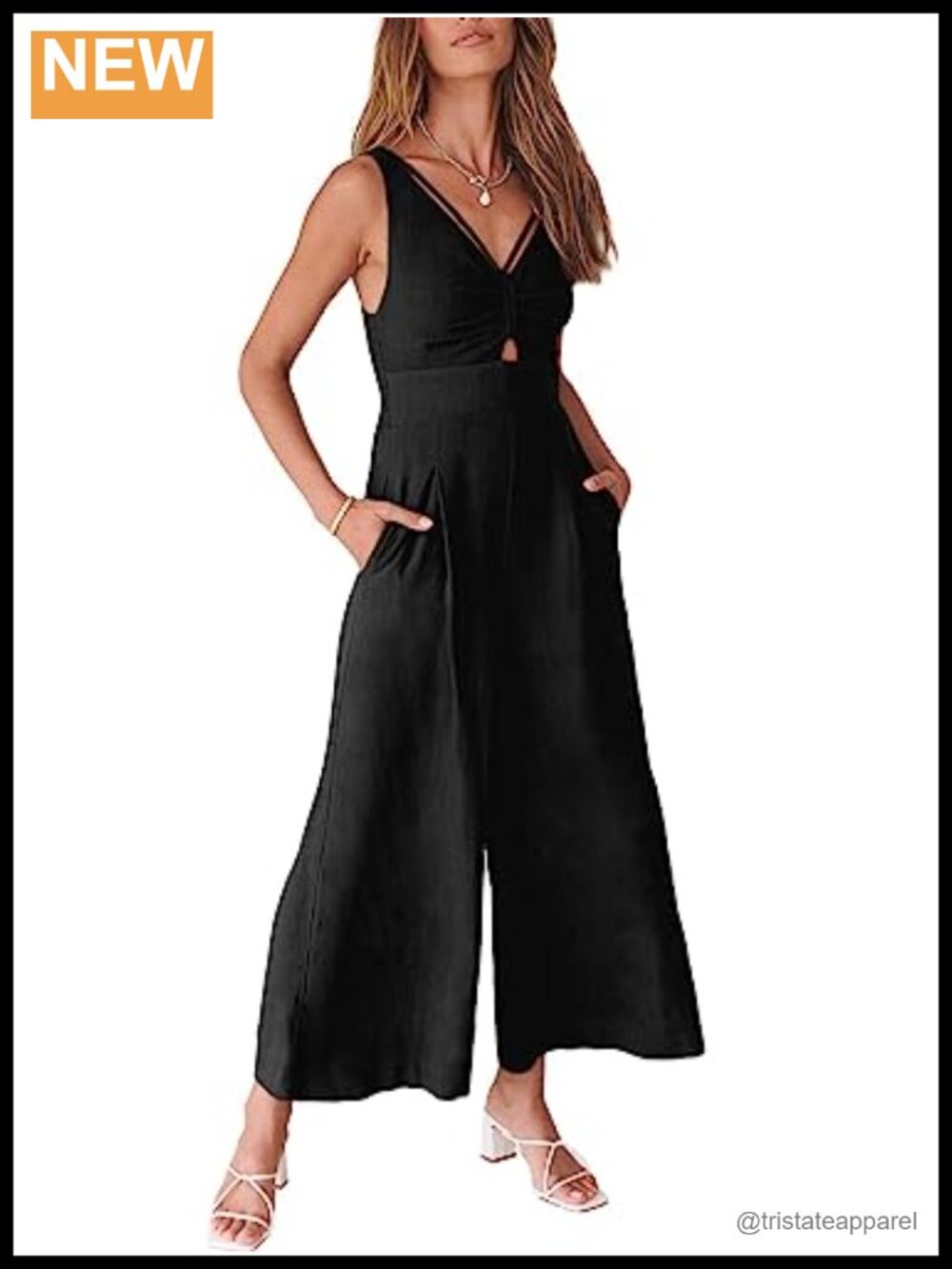 ANRABESS Women's Linen Wide Leg Sleeveless V-Neck Jumpsuit with Pockets